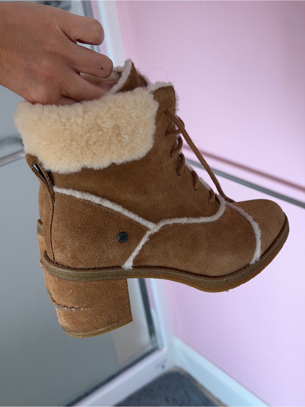 UGG Chestnut Suede Shearling-Lined Lace-Up Ankle Boots